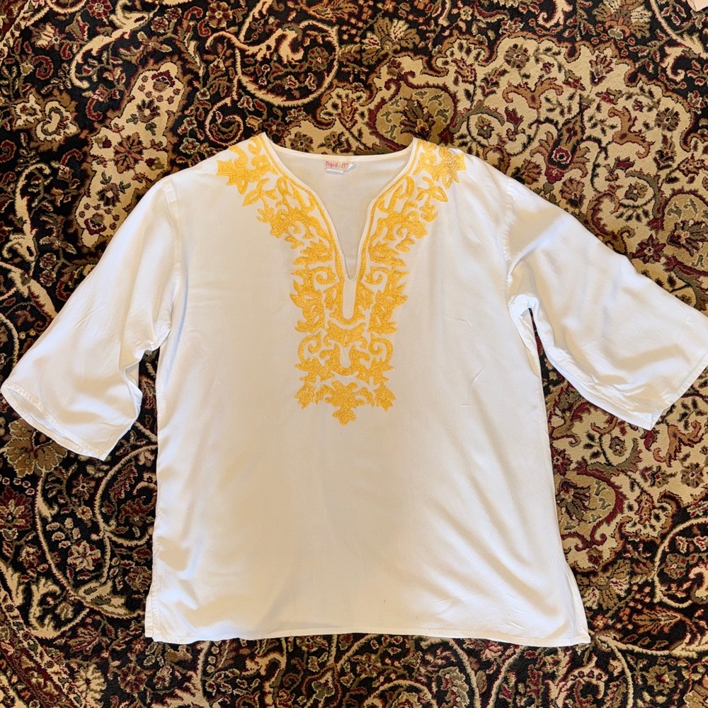 Embroidered White and Yellow Women's Top tunic viscose XL Top it Off